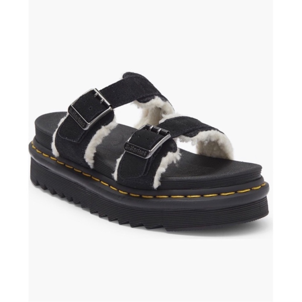 DR. MARTENS Myles Suede Fur Lined Buckle Slide Sandals in Black US 7